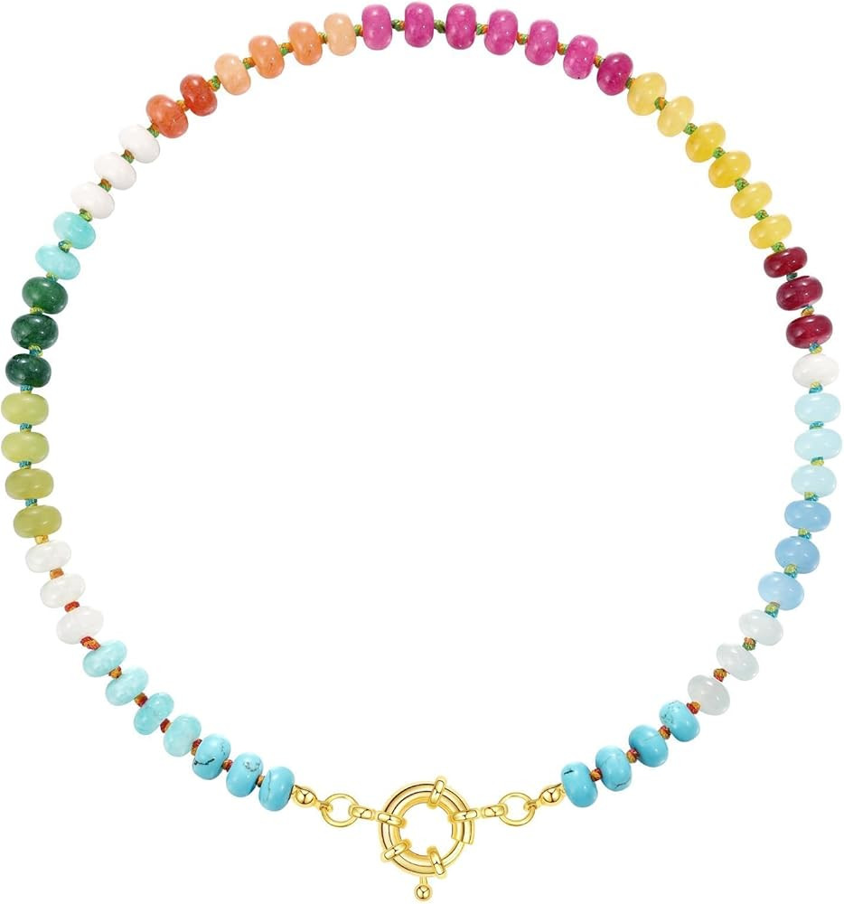 KissYan Beaded Gemstone Necklace for Women, Colorful Boho Bead Choker Natural Stone Surfer Beach ... | Amazon (US)