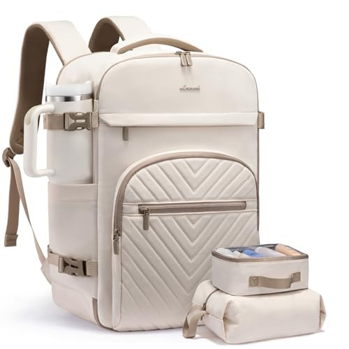 LOVEVOOK 40L Travel Backpack for Women Men, TSA Personal Item Travel Bag Fits 17.3inch Laptop, Waterproof Airline Approved Carry On Luggage With 2 Cubes for Weekender Hiking Business, Beige | Amazon (US)
