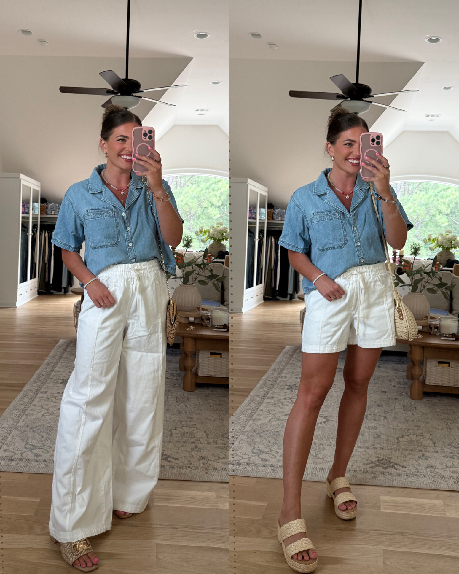 The cutest wide leg pants that look just like free people. So comfy! TTS - M. Run a little bit but I love the fit. Shorts TTS - M. Obsessed. Chambray shirt is so soft and amazing quality TTS - M

Target haul!!!! Actually obsessed w everything. So. Freaking good! The cutest outfits for summer - dresses that are perfect for vacation, the cutest free people wide look jeans, comfy stretchy shorts, adorable lounge sets that are giving daily drills, & more. 😍 
Sizing:
My waist 29” hips 40” & bust 36.5” 
all dresses, skirts, tops, shorts, & pants TTS - M. Green & camo pants TTS - 8  Sized up 1 to the L in the lounge sweatshirts. Skims look sleep shorts & bralette - wearing my true size M here but I prefer the size L for a roomier fit + more comfort  


#LTKFindsUnder50 #LTKSeasonal #LTKWorkwear