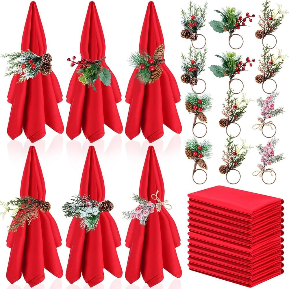 Suclain 24 Pcs Christmas Napkins and Ring Set 12 Christmas Red Cloth Napkins and 12 Christmas Nap... | Amazon (US)