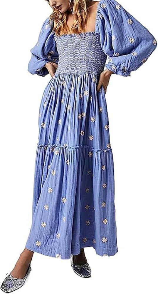Women's Flowy Embroidered Maxi Dress Square Neck Lantern Sleeve Flower Long Dress Smocked A Line ... | Amazon (US)