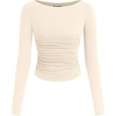 PRETTYGARDEN Long Sleeve Shirts for Women 2025 Fall Ruched Sides Boat Neck Basic Tee Casual Fitte... | Amazon (US)