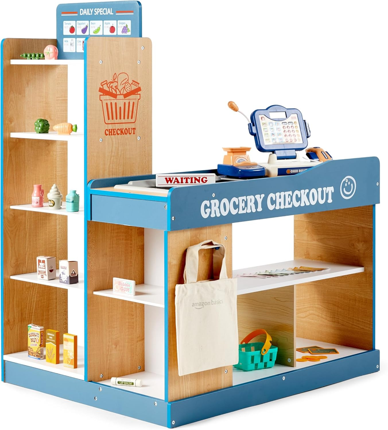 Amazon Basics Grocery Store Checkout Counter with Shopping Cart, Kids Supermarket Pretend Play St... | Amazon (US)