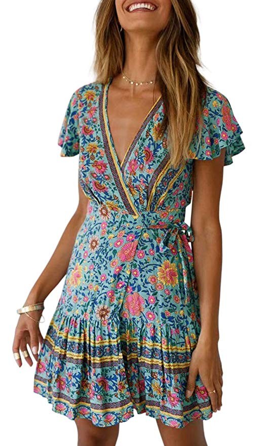 ZESICA Women’s Summer Wrap V Neck Bohemian Floral Print Ruffle Swing A Line Beach Mini Dress | Amazon (US)