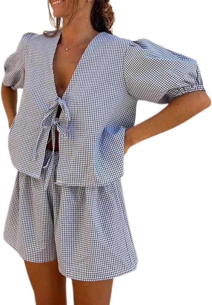 KMBANGI Women Y2K 2 Piece Shorts Set Peplum Puff Sleeve Babydoll Shirt Blouse Shorts Tie Front 2 ... | Amazon (US)