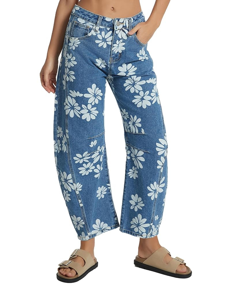 Kedera Women's Baggy Barrel Jeans Wide Leg Mid Rise Y2K Boyfriend Jeans Casual Floral Printed Ank... | Amazon (US)