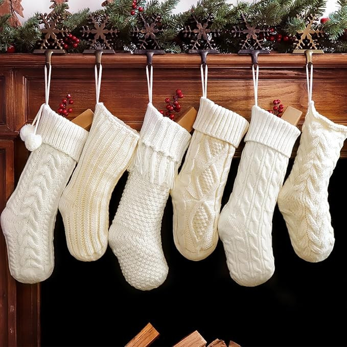Christmas Stockings: 6 Pack Cream & White Cable Knit Patterns Fireplace Stockings, Rustic Hanging... | Amazon (US)
