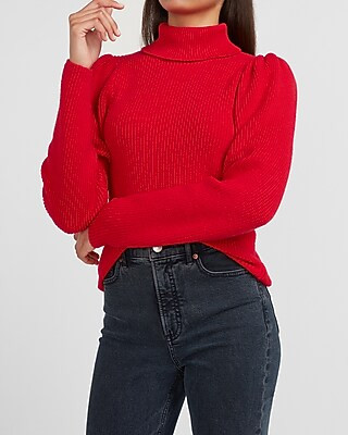 Ribbed Puff Sleeve Turtleneck Sweater | Express