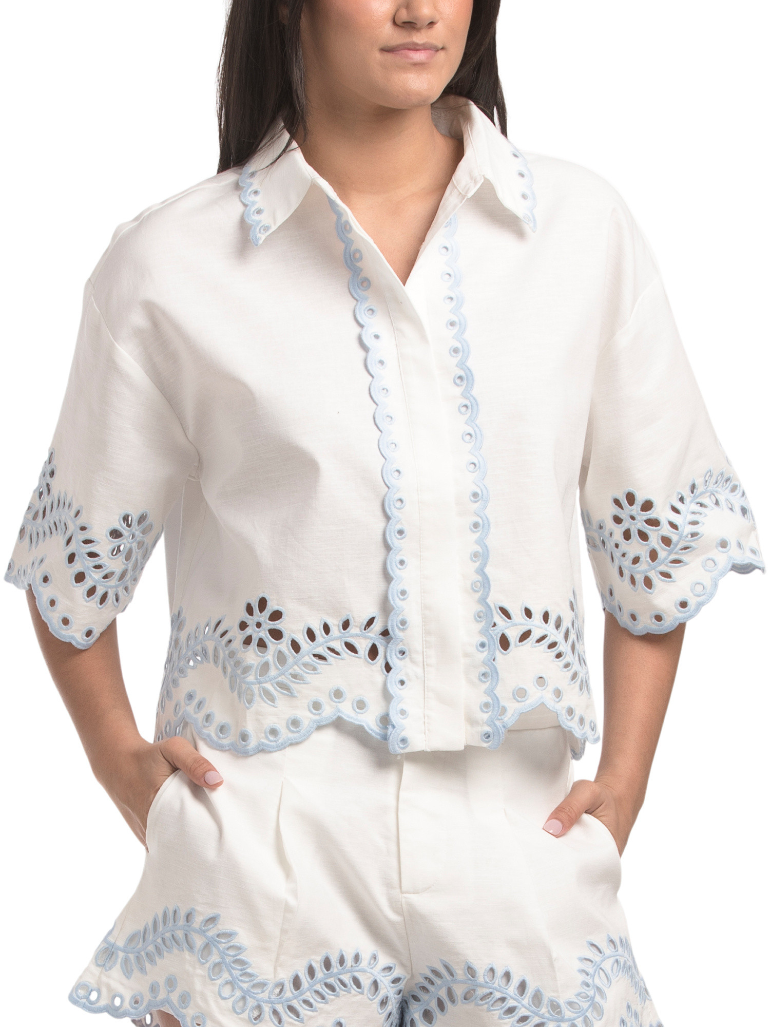 Eyelet Short Sleeve Button Up Top And Belted Mini Shorts Collection | TJ Maxx