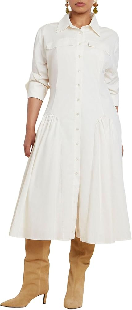 ELOQUII Women's Plus Size Shirred Godet Flare Poplin Dress | Amazon (US)