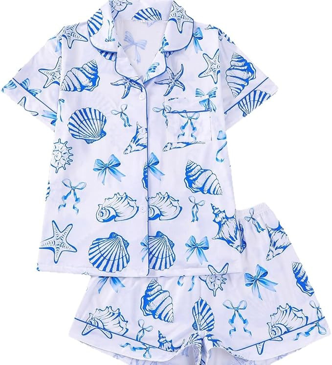 Women's 2 Piece Summer Ocean Print Pajama Sets Starfish Shell Sleepwear Short Sleeve Nightwear So... | Amazon (US)