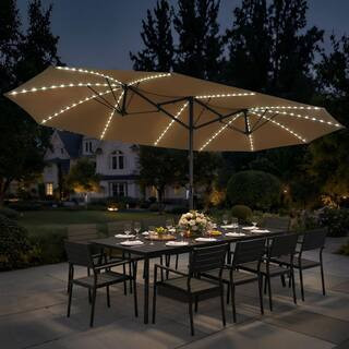 15 ft. x 9 ft. Double Sided Patio Market Umbrella with Solar Lights and Base Rectangular Outdoor Umbrella in Tan Brown | The Home Depot