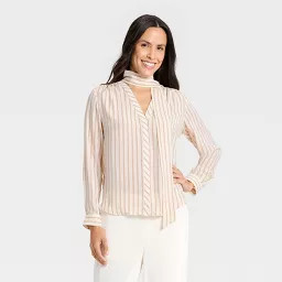 Women's Long Sleeve V-Neck Scarf Top - A New Day\u2122 Cream Striped S | Target