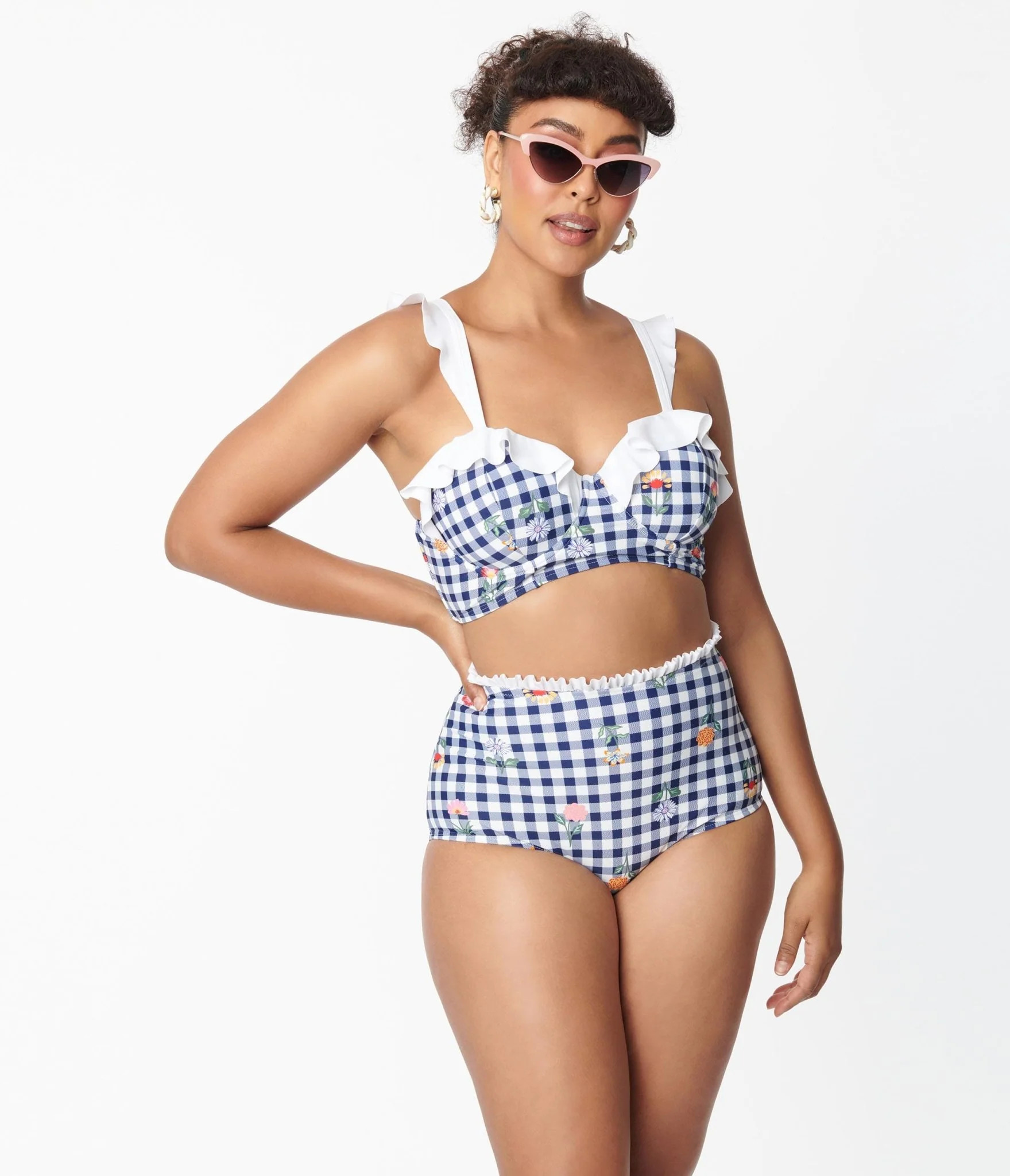 Unique Vintage Navy Gingham & Floral Southampton Swim Top | UniqueVintage