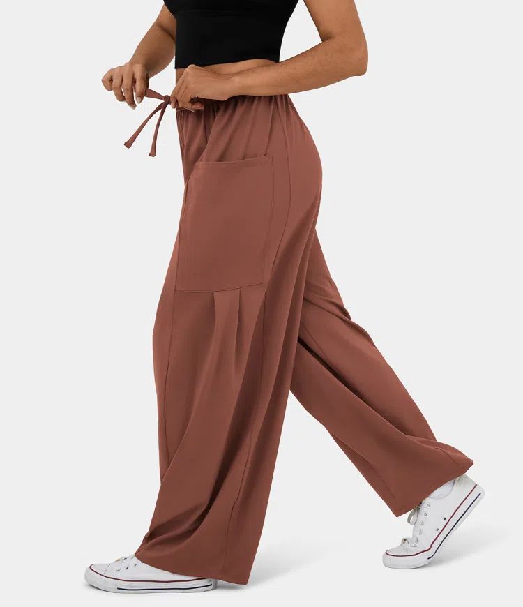 Mid Rise Elastic Waistband Drawstring Side Pocket Palazzo Flowy Wide Leg Casual Pants | HALARA