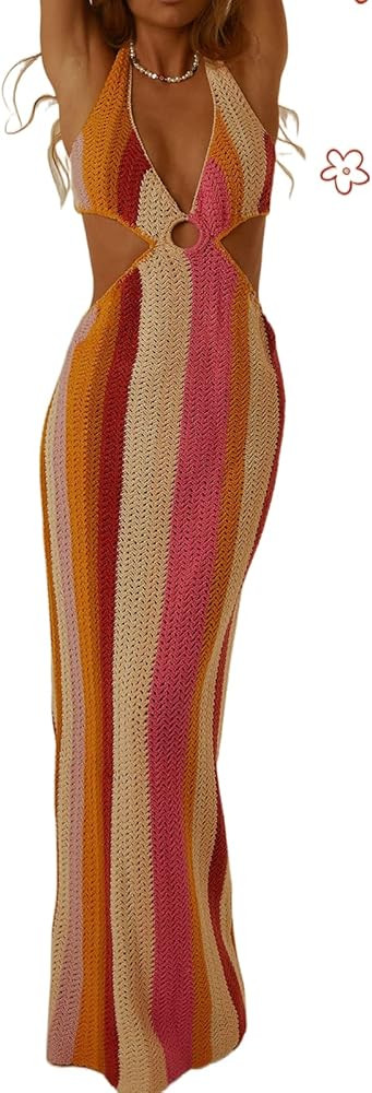 Bodycon Dresses for Women Summer Knit Hollow Out Sexy Night Out Midi Maxi Dress Sleeveless Long C... | Amazon (US)