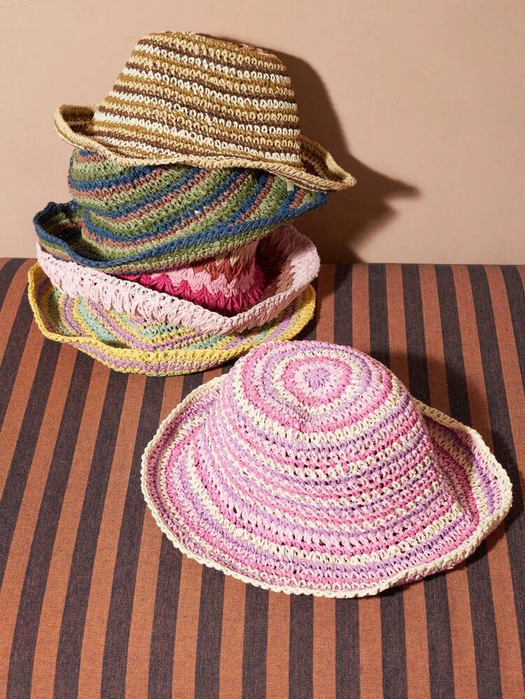 Joivida 1pc Rainbow Striped Hat, Women Vacation Outdoor Straw Woven Bucket Hat With Wide Brim, Sm... | SHEIN