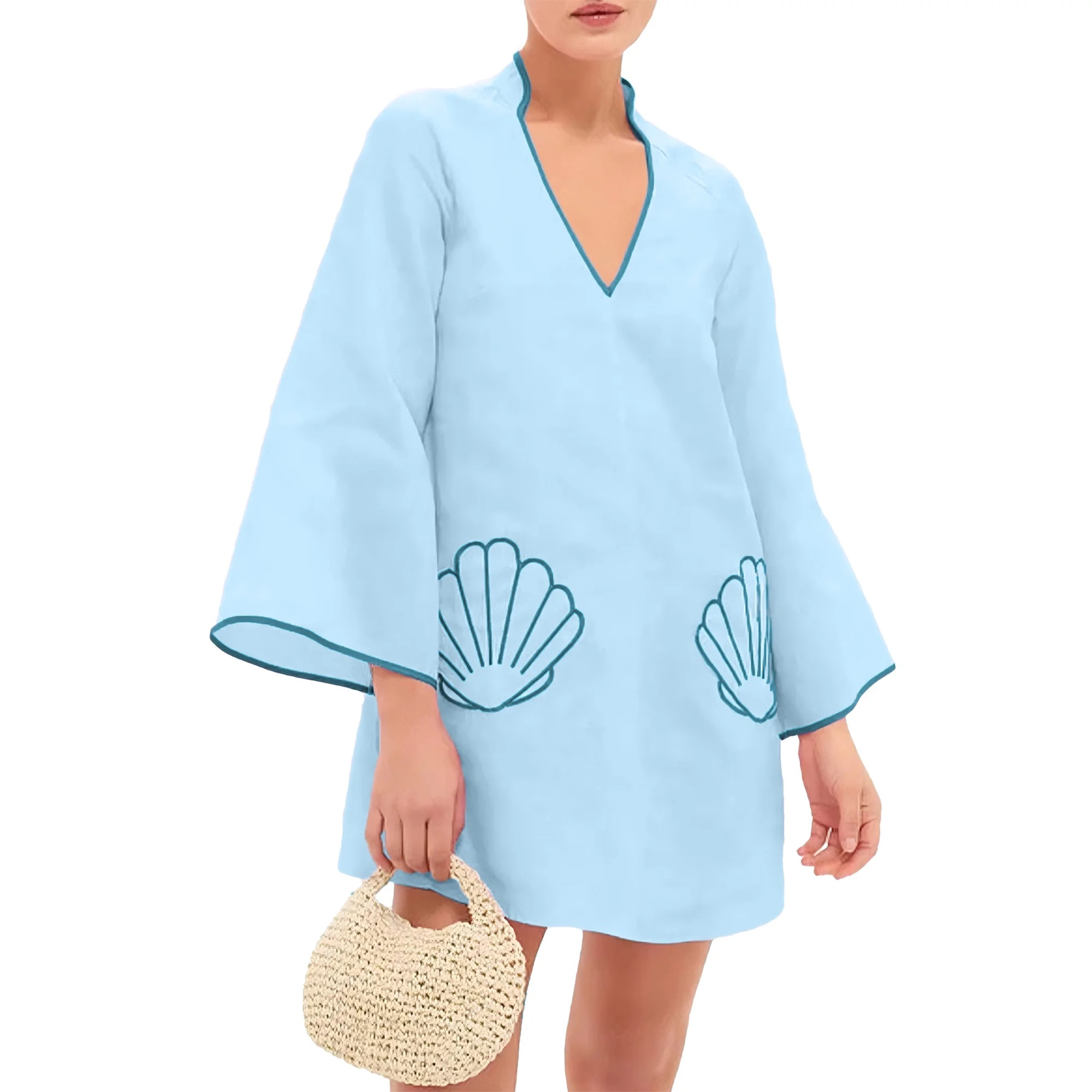 Czanzd Women's V-Neck Babydoll Mini Dress 3/4 Sleeve Loose Fit Summer Cover Up with Shell Embroid... | Walmart (US)