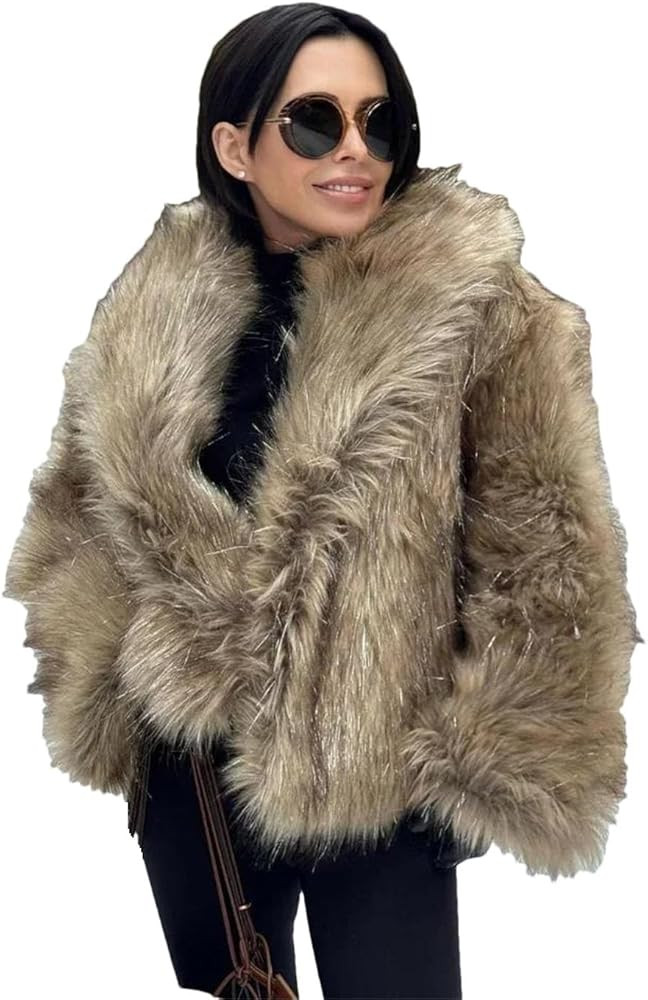 Women Lapel Thickening Mixed Imitation Fur Jacket Elegant Long Sleeve Solid Short Coat | Amazon (US)
