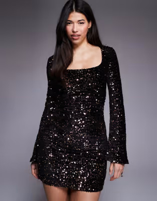 ASOS DESIGN velvet sequin square neck mini dress in bronze sequin | ASOS (Global)