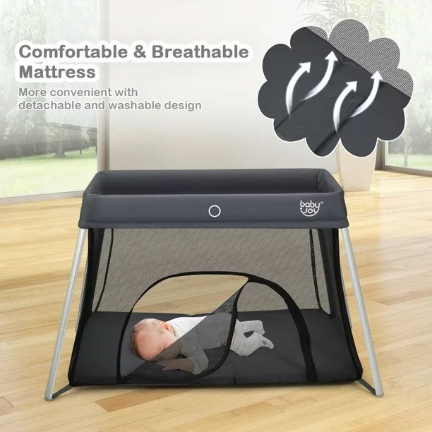 Gymax Foldable Baby Playpen Playard Lightweight Crib w/ Carry Bag For Infant Dark Gray | Walmart (US)