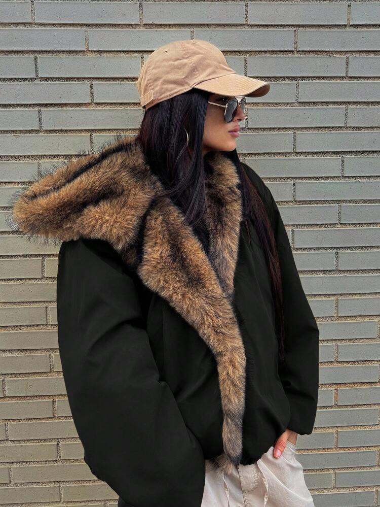 Fact Patchwork Fur Collar Loose Long Sleeve Hooded | SHEIN