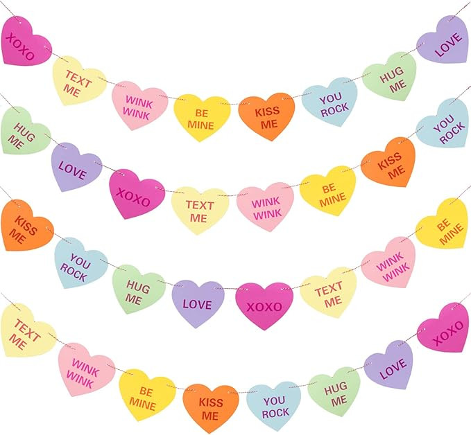Whaline Valentines Day Conversation Heart Banner with 32Pcs Hearts 32.8ft Candy Color Heart Garla... | Amazon (US)