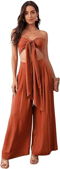 SweatyRocks Women's 2 Piece Sexy Outfits Sleeveless Tie Front Crop Top Wide Leg Pants Set | Amazon (US)