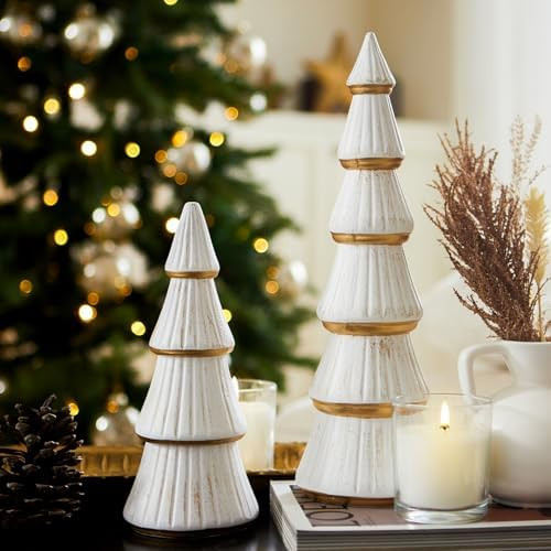 WONDROUS' DECO Christmas Tree Figurine Decor Tabletop White and Gold, Set of 2 Wooden Artificial ... | Amazon (US)