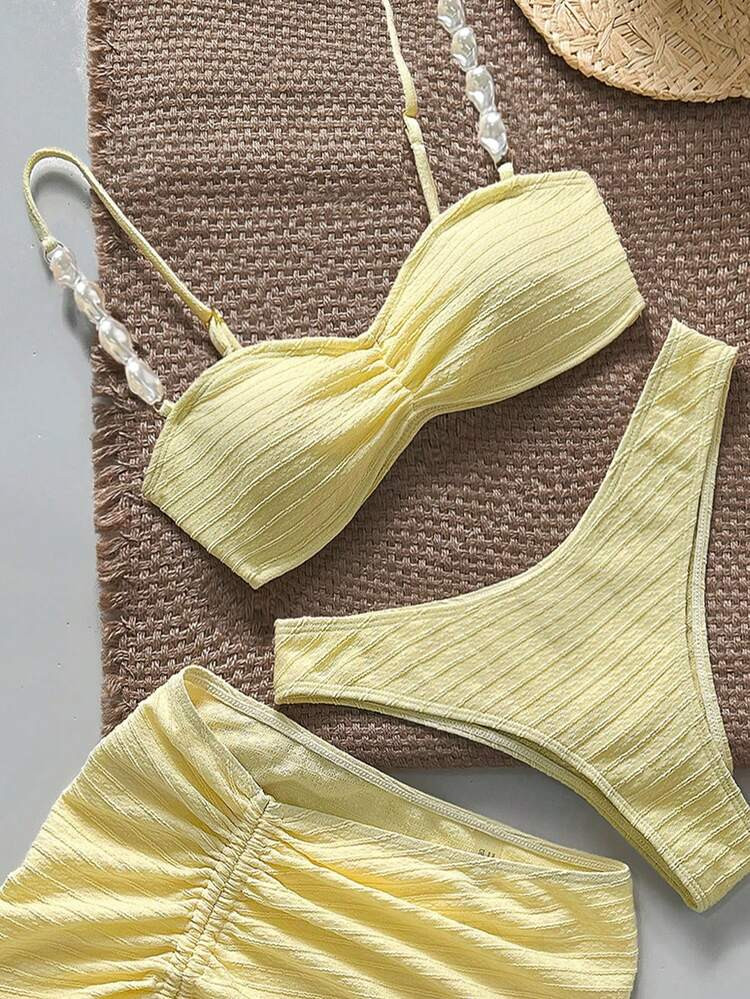 Bikinx Maiô Bikini De 3 Peças Com Saia Curta E Cordões Laterais Em Tecido Texturizado Sexy, Cor Sólida, Para Férias Da Mulher | SHEIN