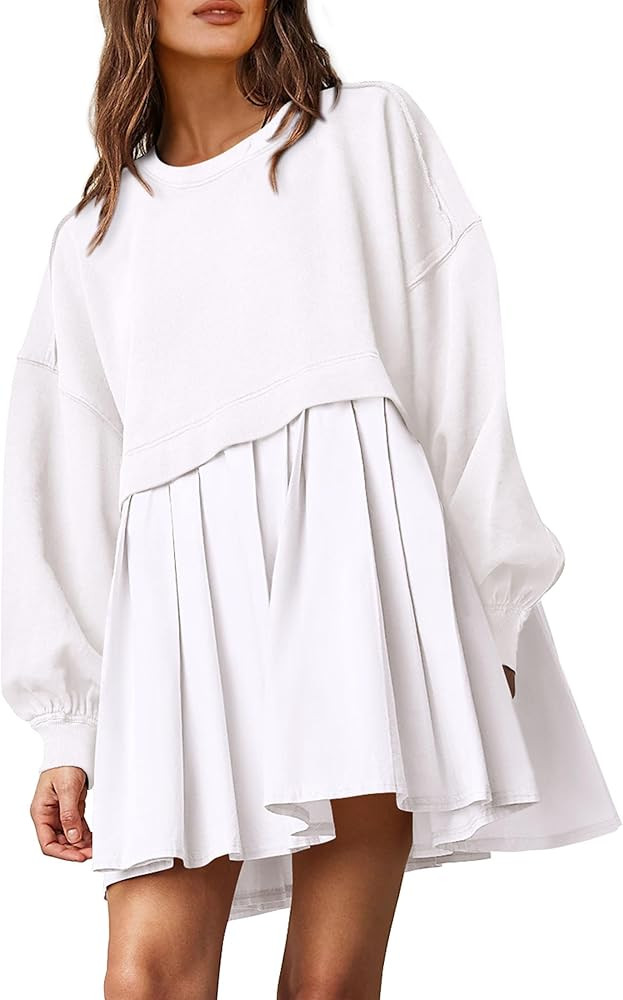 PRETTYGARDEN Women's Casual Sweatshirt Dress Long Sleeve Patchwork Pullover Tops Pleated Mini Dre... | Amazon (US)