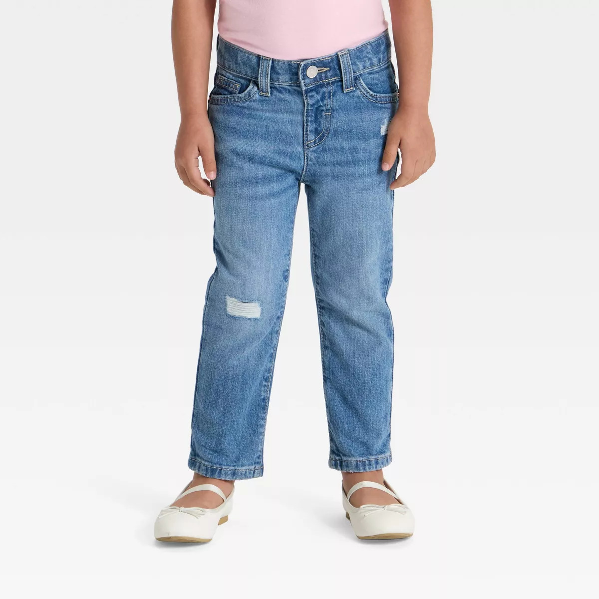 Toddler Girls' Distressed Denim Straight Leg Pants - Cat & Jack™ Medium Wash 18M | Target