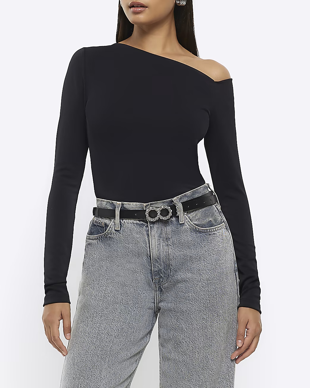 Black off shoulder long sleeve top | River Island (UK & IE)