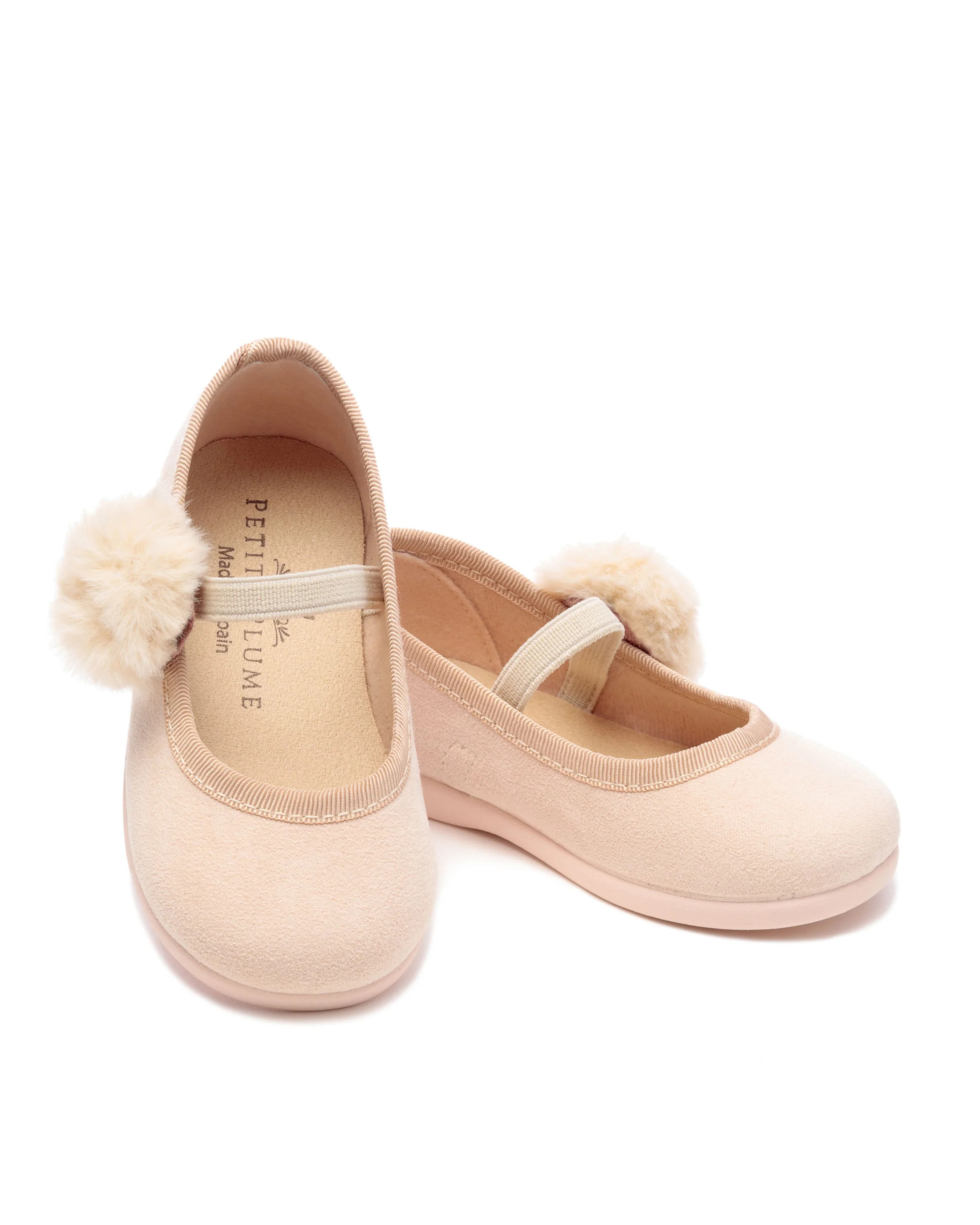 The Delphine Slipper in Peach Suede with a Festive Pom | Petite Plume