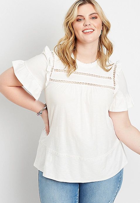 Plus Size Solid Crochet Ruffle Sleeve Top | Maurices