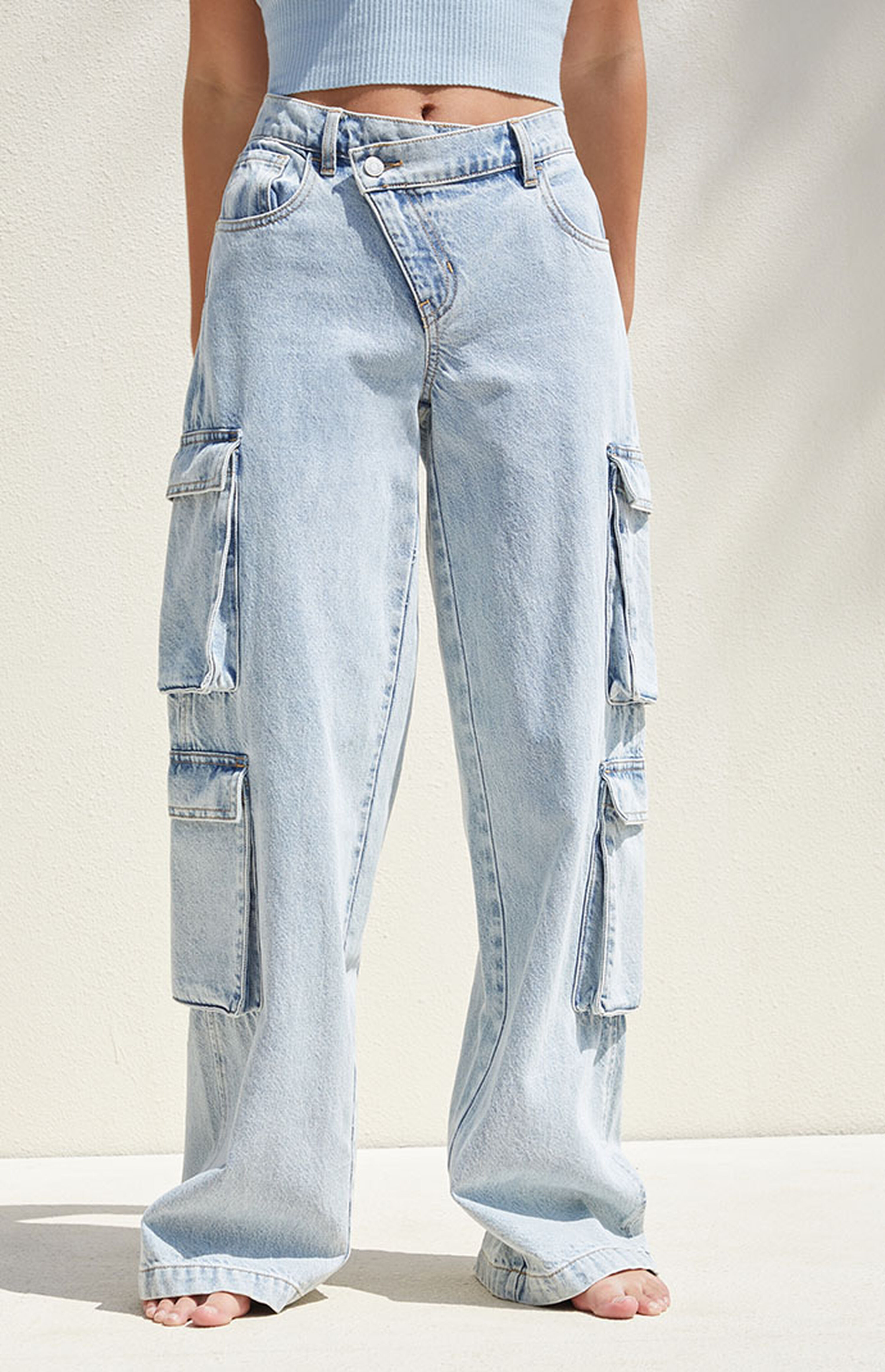 PacSun Light Blue Asymmetrical '90s Baggy Cargo Jeans | PacSun