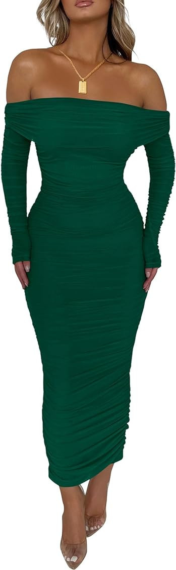 PRETTYGARDEN Women's Fall Off Shoulder Maxi Bodycon Dress Long Sleeve Ruched Fitted Club Dresses ... | Amazon (US)