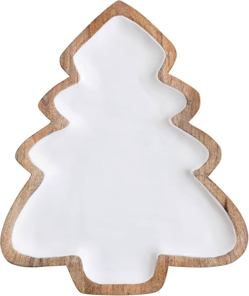 Creative Co-Op Enameled Mango Wood Christmas Tree Shaped Tray, White and Natural | Amazon (US)