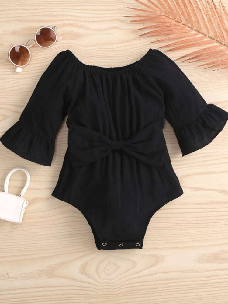 Baby Solid Bow Front Flounce Sleeve Bodysuit | SHEIN