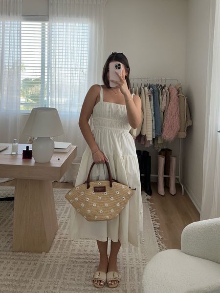 new long white dress from Tilly’s, basket bag from Sezane, and sandals from Dolce Vita 🐚

summer outfit, summer dress, spring dress, maxi white dress, vacation outfit, basket bag, summer bag, beach bag, slide sandals 