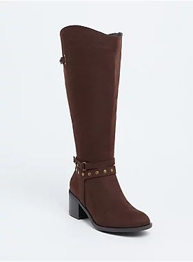 Brown Faux Suede Studded Strap Tall Boot  (Wide Width) | Torrid LEGACY