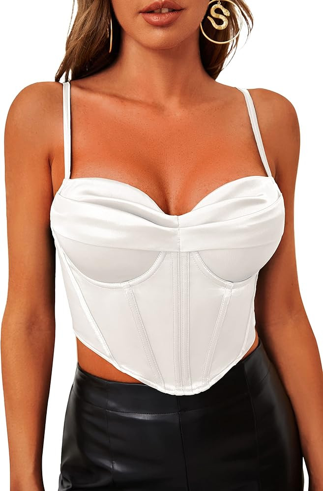 Kolagri Women's Vintage Bustier Satin Cowl Neck Boned Adjustable Spaghetti Straps Corset Sexy Cas... | Amazon (US)