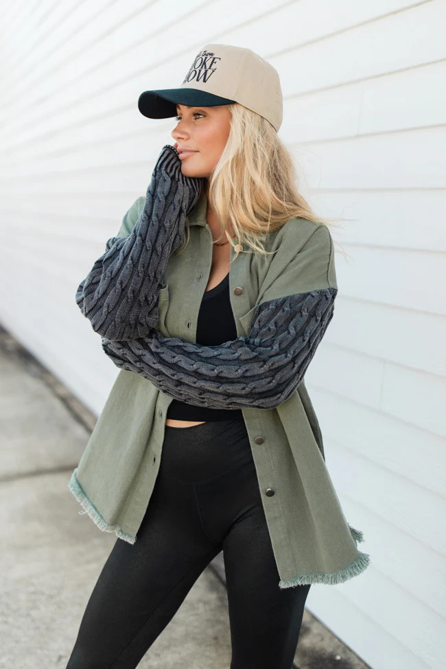 Something More Olive and Black Cable Knit Sleeve Acid Washed Shacket | Pink Lily