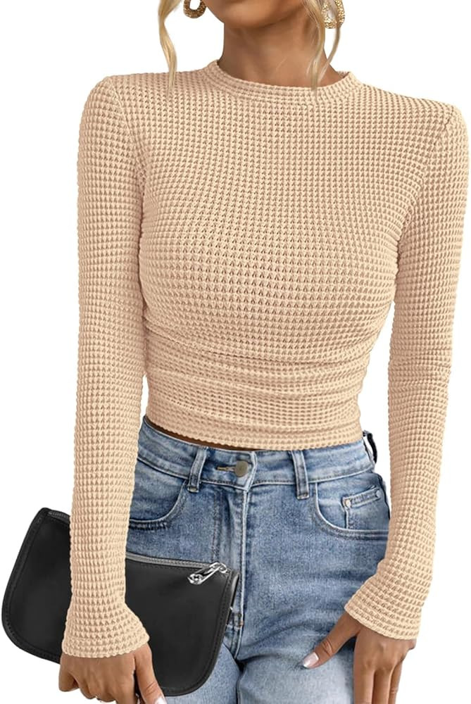 PRETTYGARDEN Womens Tops 2025 Fall Long Sleeve Fitted T Shirts Waffle Ruched Crop Shirt Basic Kni... | Amazon (US)