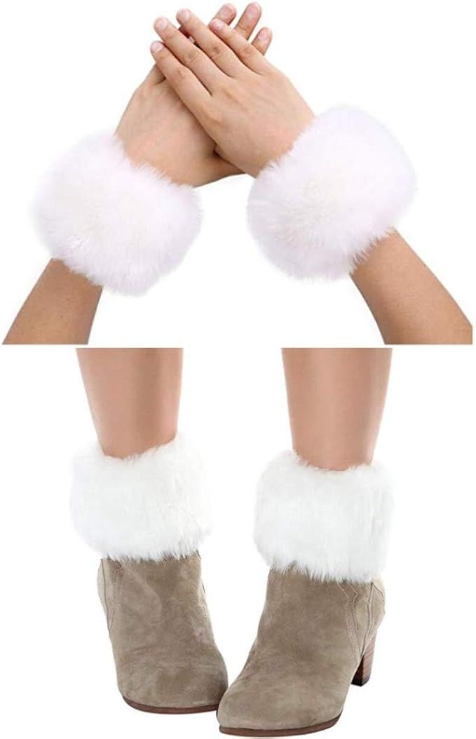 Bhwin Women Faux Fur Fuzzy Wrist Cuffs Warmers And Winter Faux Fur Boot Cuffs Knitting Leg Warmer... | Amazon (US)