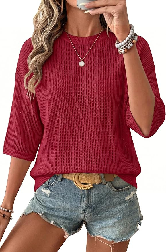 Arach&Cloz Womens Summer 100% Cotton Oversized Crochet Tops 3/4 Length Sleeve Sweater Hollow Out ... | Amazon (US)