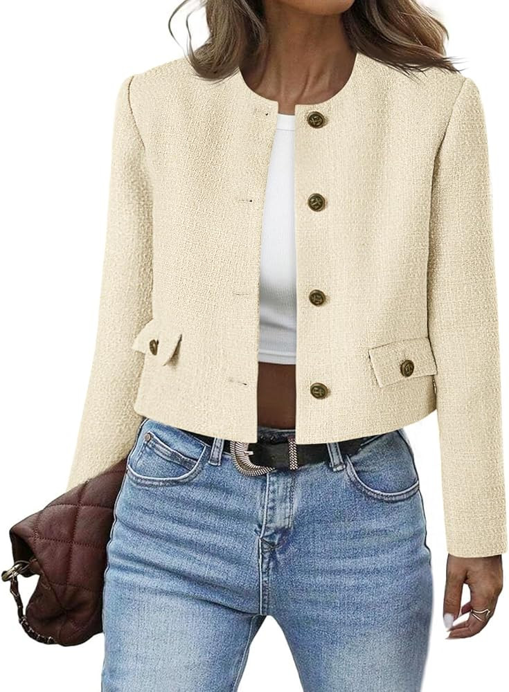 Cicy Bell Womens Cropped Tweed Blazer Collarless Button Down Bomber Jacket Business Casual Fall O... | Amazon (US)