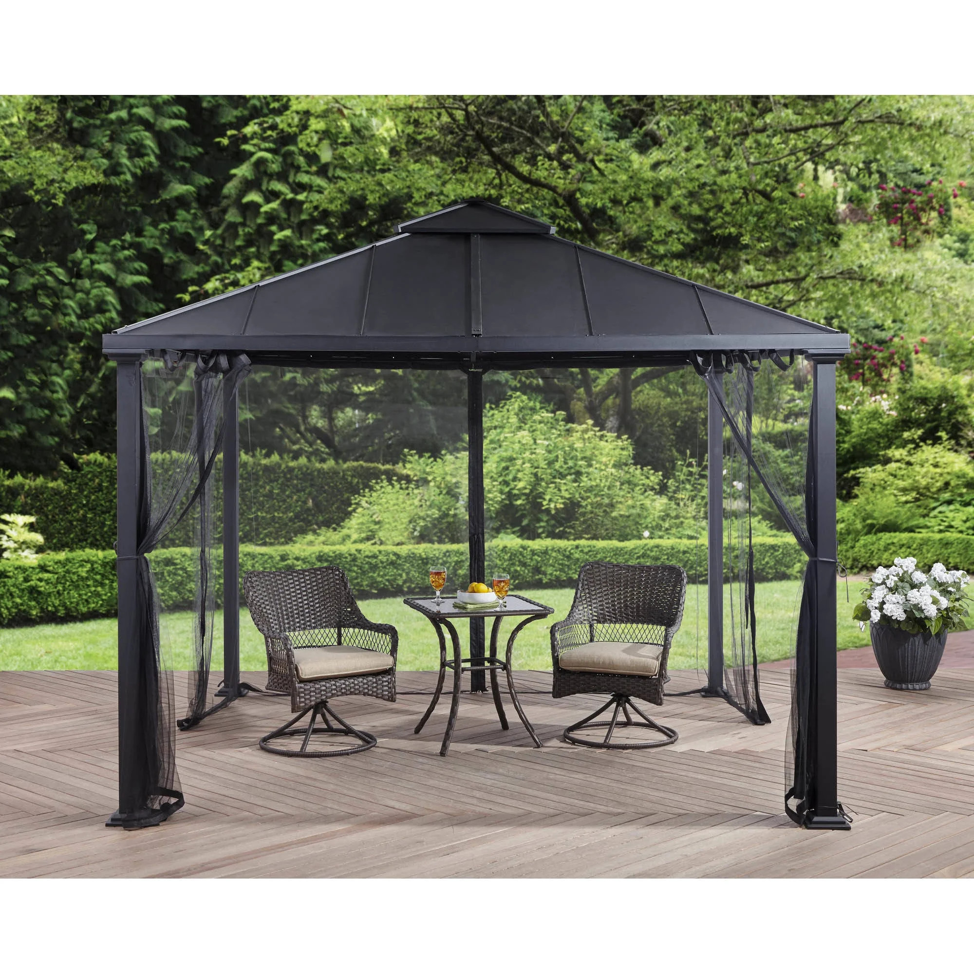 Better Homes & Gardens Sullivan Ridge 10' x 10' Hard Top Gazebo with Netting, Black | Walmart (US)