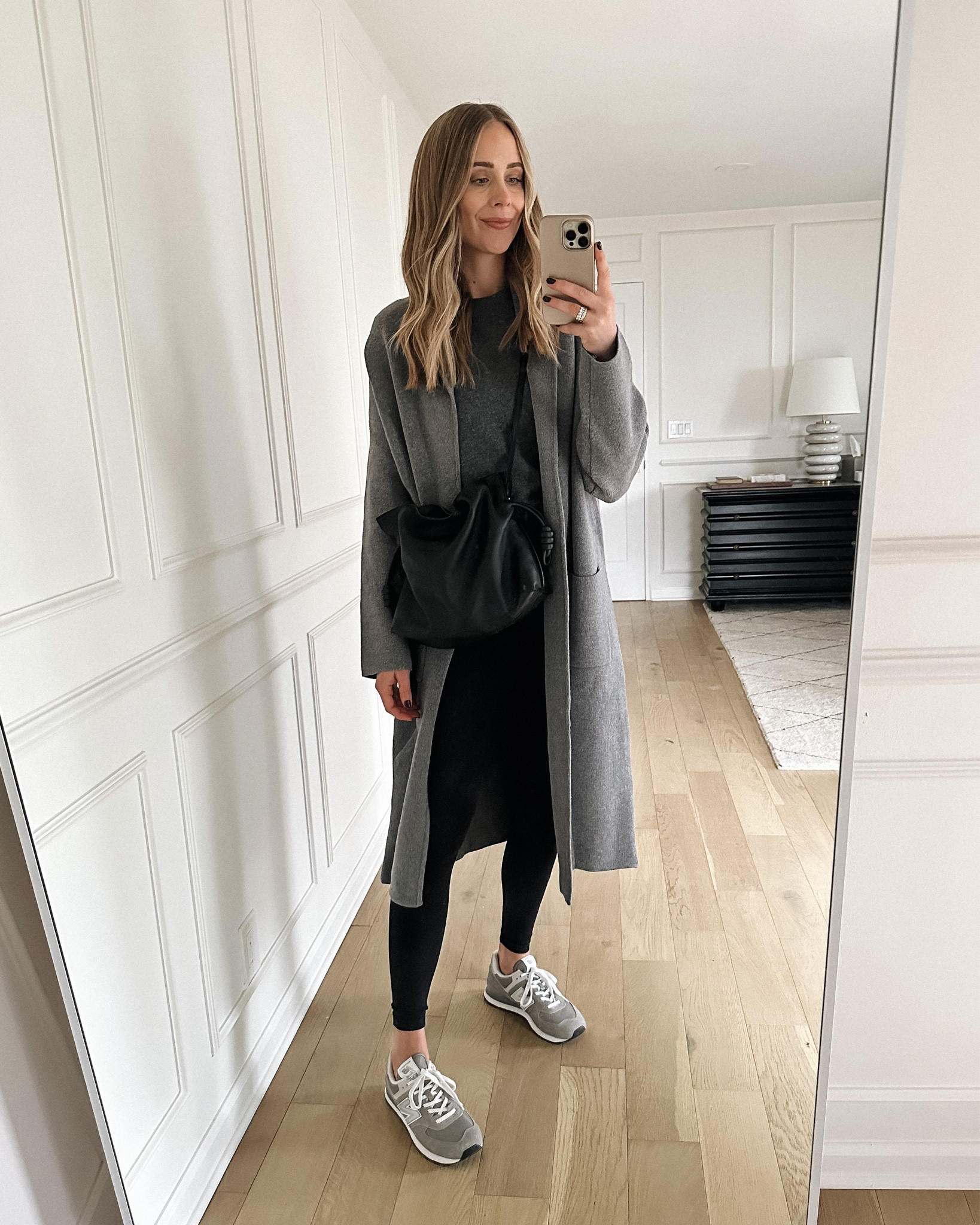 Fashion Jackson wearing grey coatigan (small), grey sweater (xs) black leggings, new balance sneakers, Loewe handbag #falloutfit #sneakers #coatigan

#LTKstyletip #LTKshoecrush #LTKunder100
