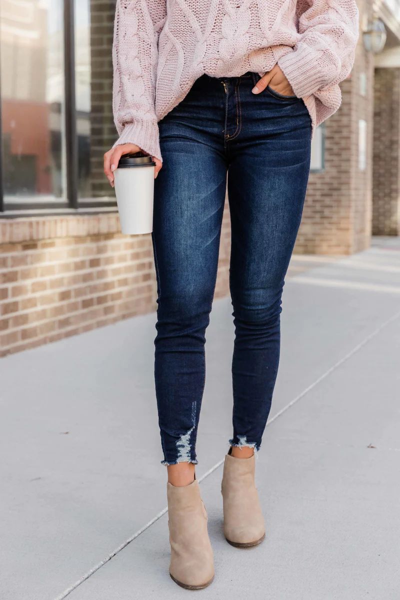 The Kristy Dark Wash Distressed Skinny Jeans | Pink Lily